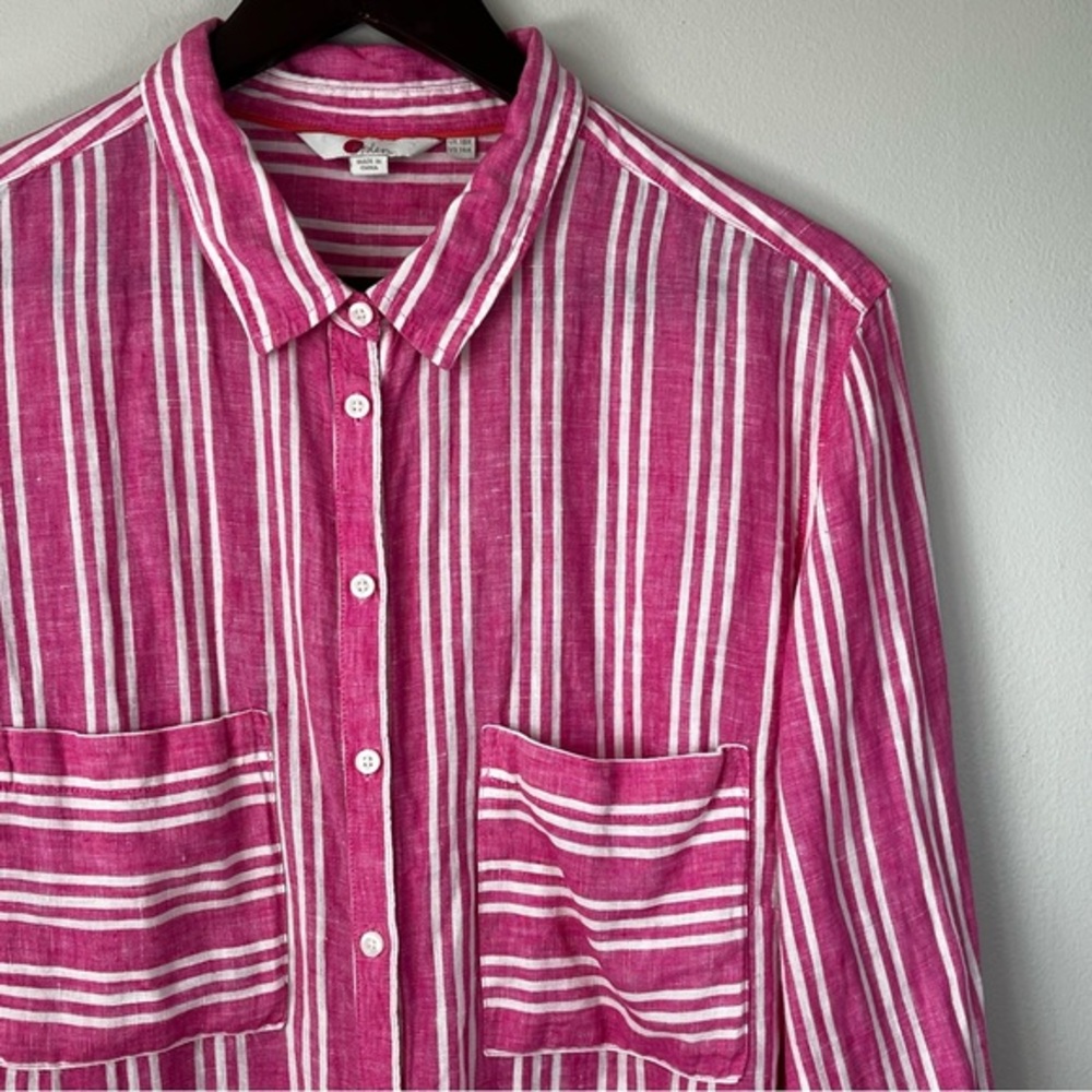 Boden Women's 14R Pink White Striped Collar Linen Button Up Long Sleeve Shirt